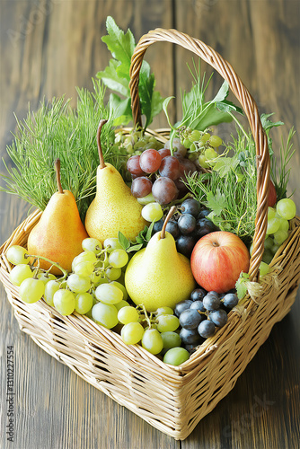 A beautiful display of pears, apples, and grapes in a rustic woven basket, surrounded by green foliage. This image highlights healthy eating, fresh produce, and the beauty of nature.