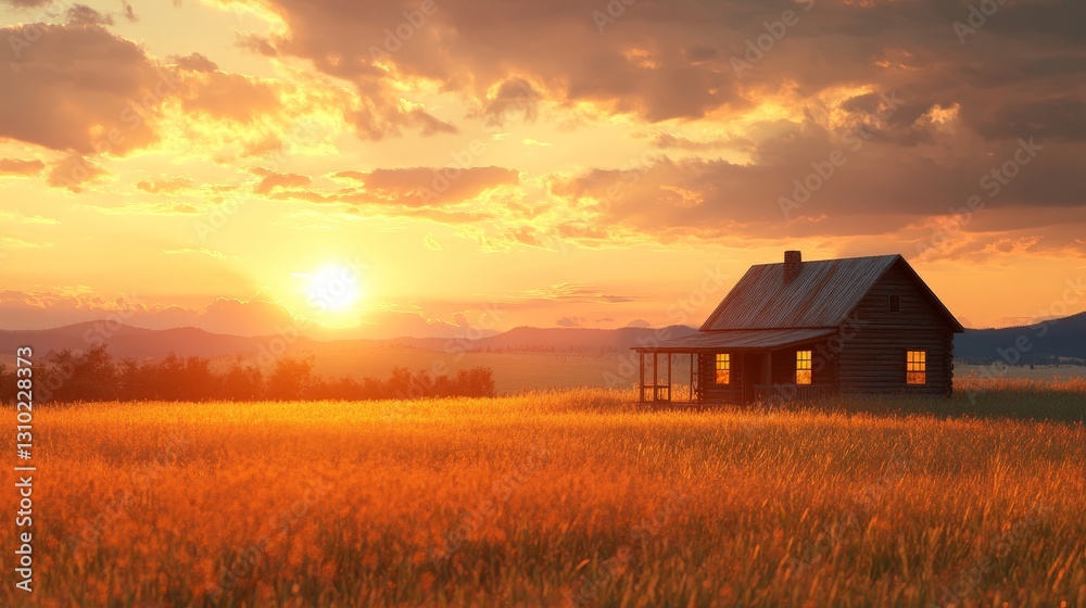 Cozy Log Cabin in Countryside with Sunset Glow Cozy Log Cabin in Countryside with Sunset Glow