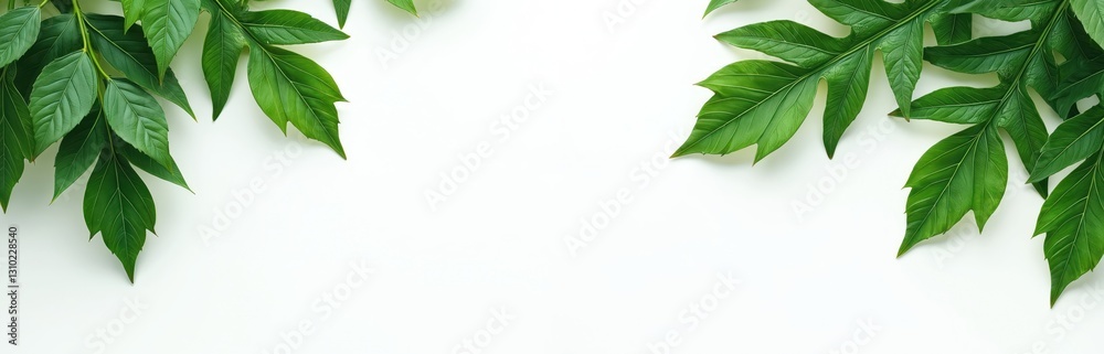 Top view of green leaves on white background. Leaves placed on corners create modern frame for eco product demonstration. Fresh natural plant backdrop for organic beauty presentation, green plants Top view of green leaves on white background. Leaves placed on corners create modern frame for eco product demonstration. Fresh natural plant backdrop for organic beauty presentation, green plants