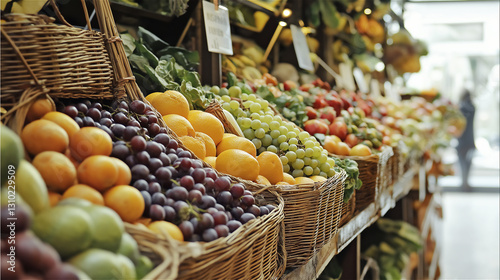 A vibrant display of fresh fruits, including oranges, apples, and bananas, arranged in baskets at a market. The image captures the essence of healthy eating and natural food in an inviting market scen photo