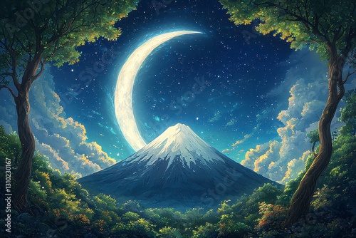Luminous Crescent Moon over Snow Capped Mountain in Pixel Art Forest photo