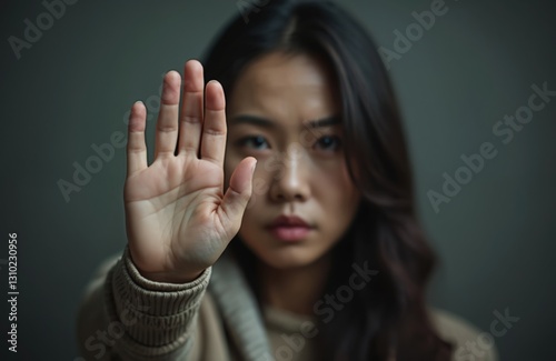 Asian woman expresses restriction with her hand, showing stop gesture. Young female in denial with restriction concept, mental health, domestic violence, abuse awareness in gloomy tone.