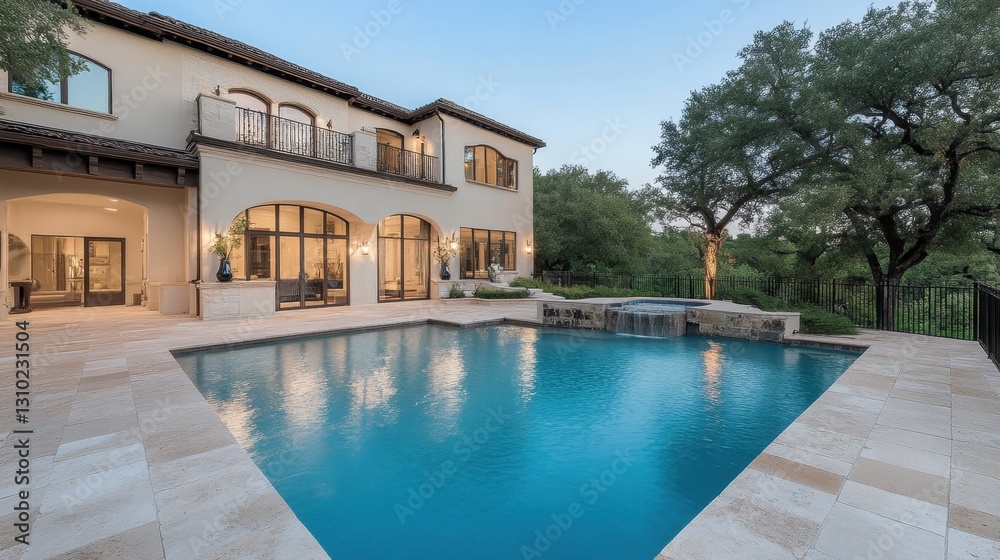 Luxurious backyard featuring travertine decking surrounding illuminated pool and spa, creating elegant outdoor living space during twilight hours Luxurious backyard featuring travertine decking surrounding illuminated pool and spa, creating elegant outdoor living space during twilight hours