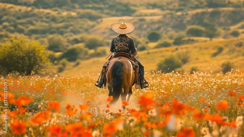 Traditional ranchero in an embroidered charro outfit rides in golden countryside with wildflowers at sunset, embodying spirit of heritage, freedom, equestrian culture. Video made using Generative AI