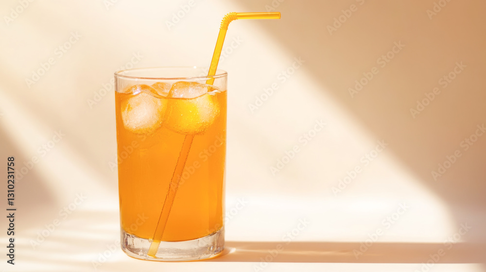 Refreshing iced orange juice with straw in sunlit glass Refreshing iced orange juice with straw in sunlit glass