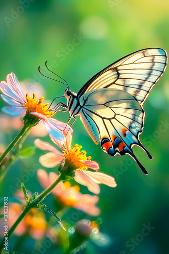 Colorful butterfly sitting on flowers on the background of spring garden. Concept of spring, summer