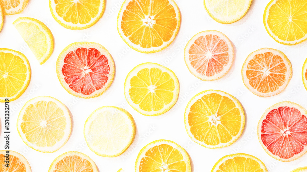 Sliced citrus fruits pattern with varied colors and textures on white background Sliced citrus fruits pattern with varied colors and textures on white background