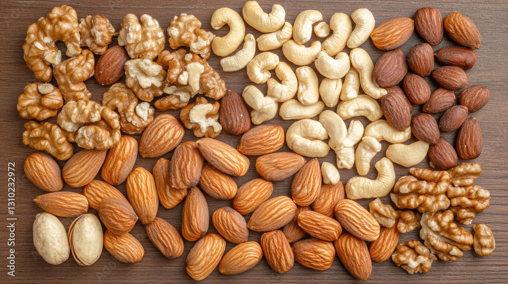 Assorted nuts on wooden surface: walnuts, cashews, almonds, brazil nuts, pecans Assorted nuts on wooden surface: walnuts, cashews, almonds, brazil nuts, pecans
