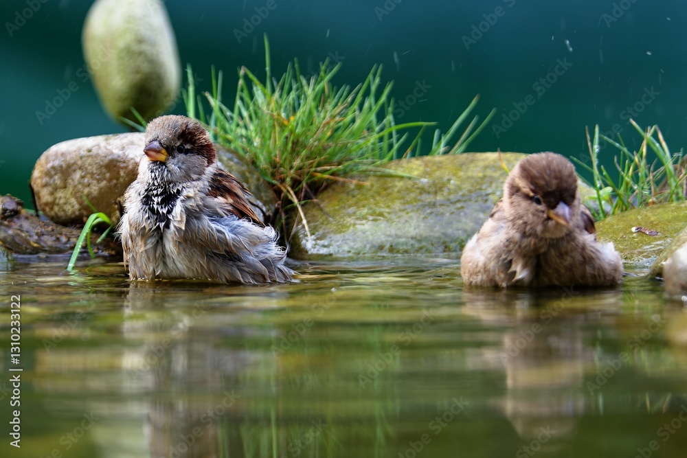Two house sparrows bathe in a bird watering hole. Czechia.