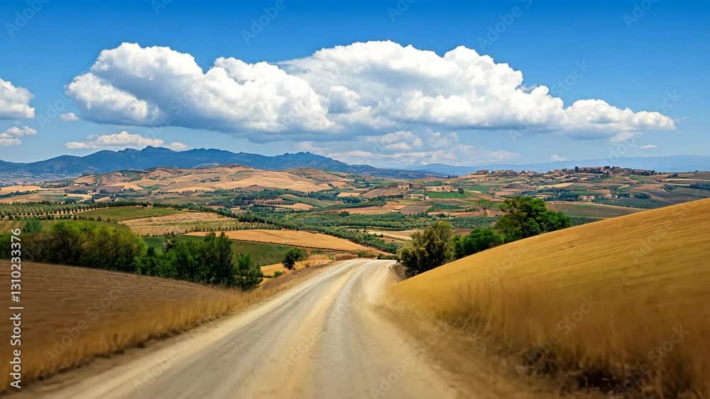 Scenic dirt road through rolling hills with lush vineyards and golden fields under a bright blue sky Scenic dirt road through rolling hills with lush vineyards and golden fields under a bright blue sky