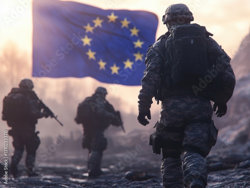 European Military Soldier with EU Flag Background - Concept