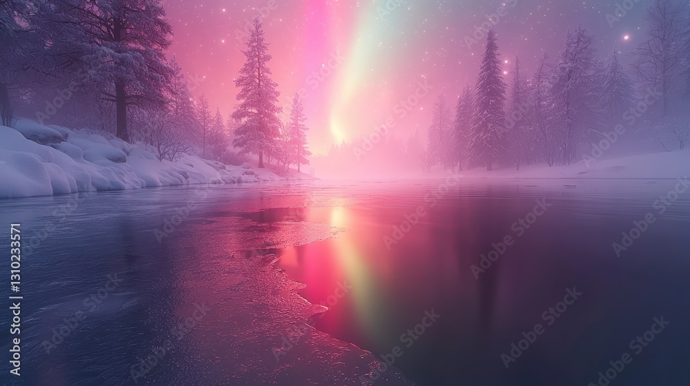 Pink and Purple Aurora Borealis Reflected in Frozen Lake at Night Pink and Purple Aurora Borealis Reflected in Frozen Lake at Night
