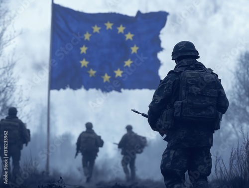 European Military Soldier with EU Flag Background - Concept