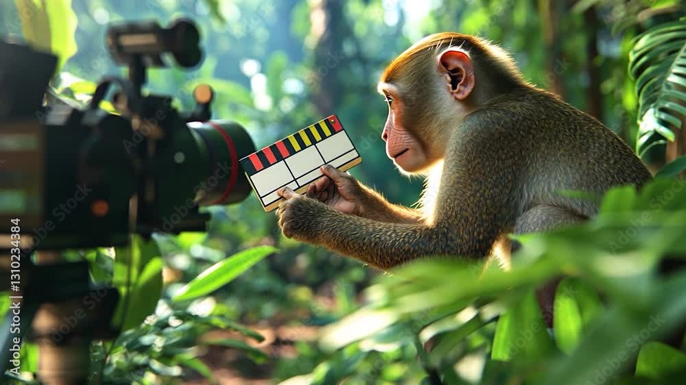 A monkey holds a clapperboard in a vibrant jungle while a camera captures the scene