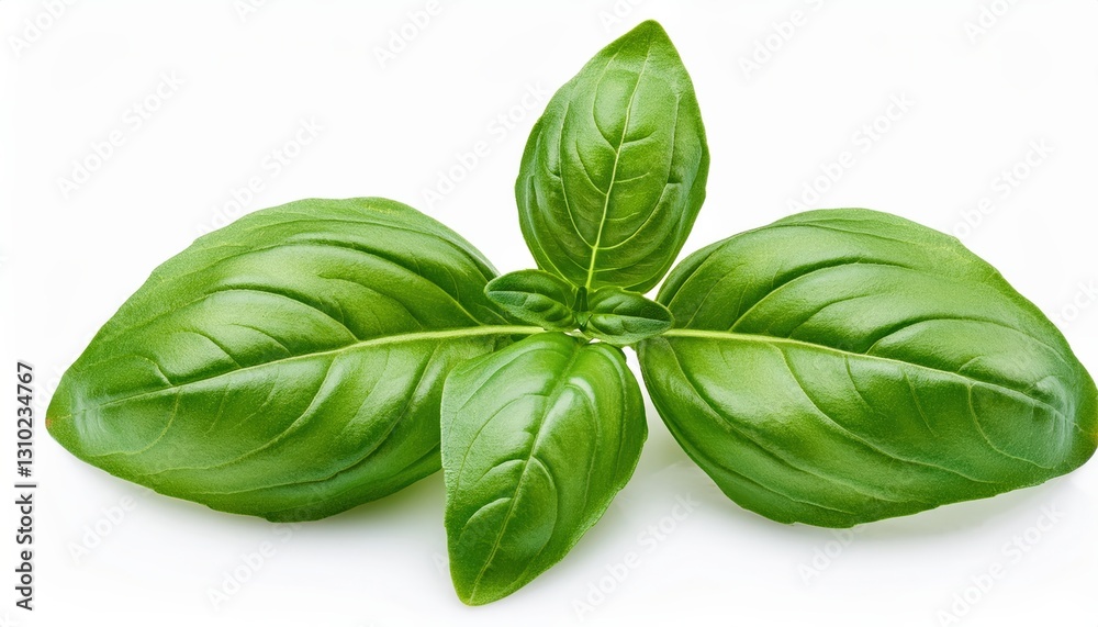 Fototapeta premium Vibrant green basil leaves isolated on a white background, showcasing their fresh texture and aroma, ideal for culinary use or healthy lifestyle visuals.