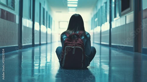 Bullied Girl Sitting Alone in School Corridor Illustration