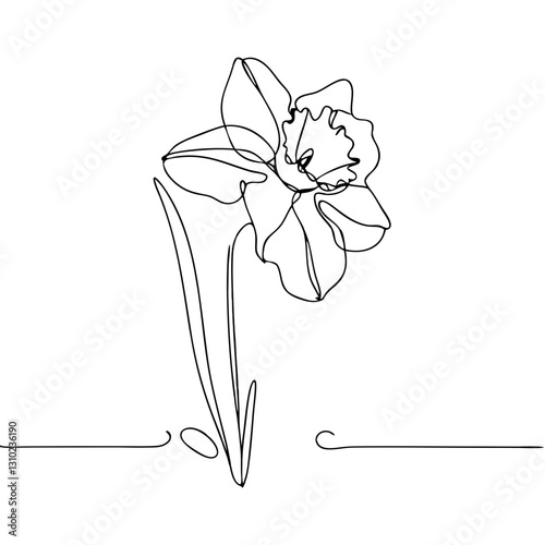 Minimalist continuous line drawing of a single daffodil, symbolizing beauty and renewal, ideal for botanical branding, greeting cards, and modern floral art