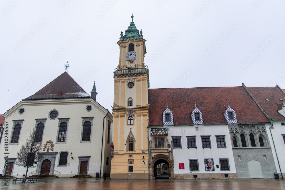 Fototapeta premium Old Town Hall in Bratislava showing its clock tower and surrounding buildings