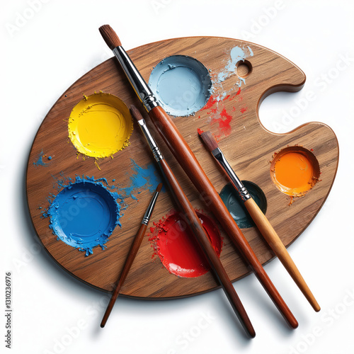 Top view art palette filled paint and paintbrushes on transparent backdrop. Wooden painter pallette with yellow, blue, red colors. Drawing supplies and instruments. Art studio concept.