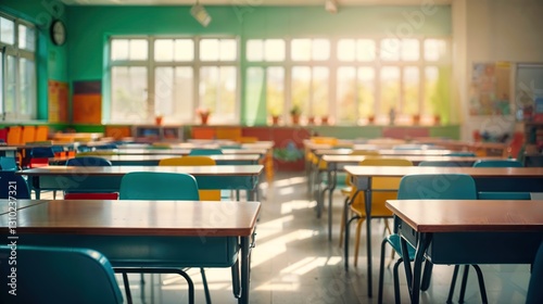 background of bright front view school classroom interior