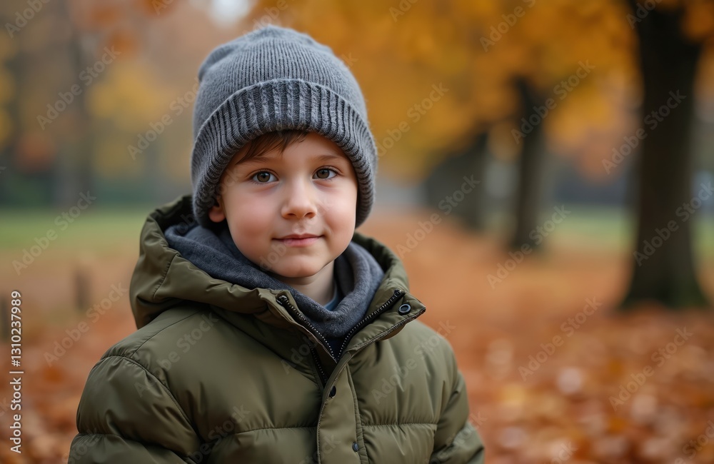Portrait of boy in warm jacket and hat in autumn park. Kid is smiling. Cute child enjoys season. Son, brother, preteen stands outside on nature. Happy childhood. Portrait of boy in warm jacket and hat in autumn park. Kid is smiling. Cute child enjoys season. Son, brother, preteen stands outside on nature. Happy childhood.