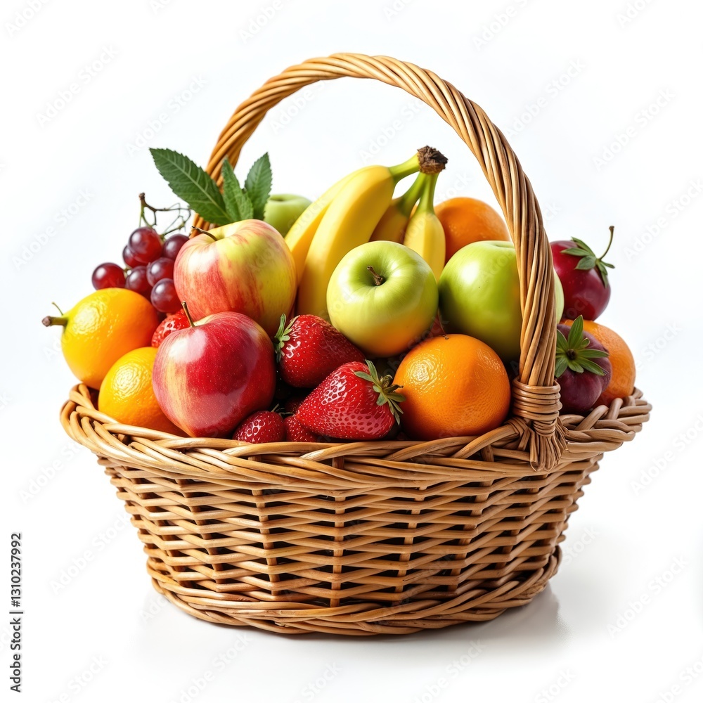 Wicker basket full of fresh fruits. Red apples, green apples, bananas, strawberries, oranges, grape, lemons for healthy eating, organic nutrition, dietary supplement. Isolated transparent background. Wicker basket full of fresh fruits. Red apples, green apples, bananas, strawberries, oranges, grape, lemons for healthy eating, organic nutrition, dietary supplement. Isolated transparent background.