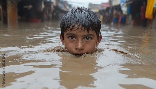Boy swims flooded urban street, monsoon