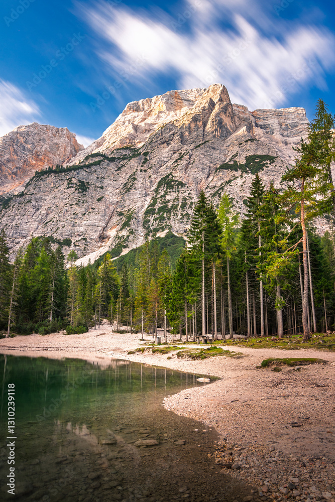 lago di braies, pragser Wildsee lake, at the morning in summer