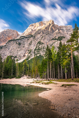 Obraz na płótnie lago di braies, pragser Wildsee lake, at the morning in summer w salonie