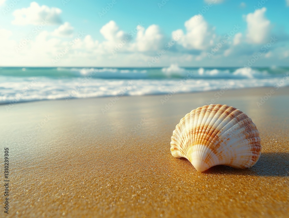 Shell resting on sandy beach during daylight with gentle waves and cloudy sky in the background Shell resting on sandy beach during daylight with gentle waves and cloudy sky in the background