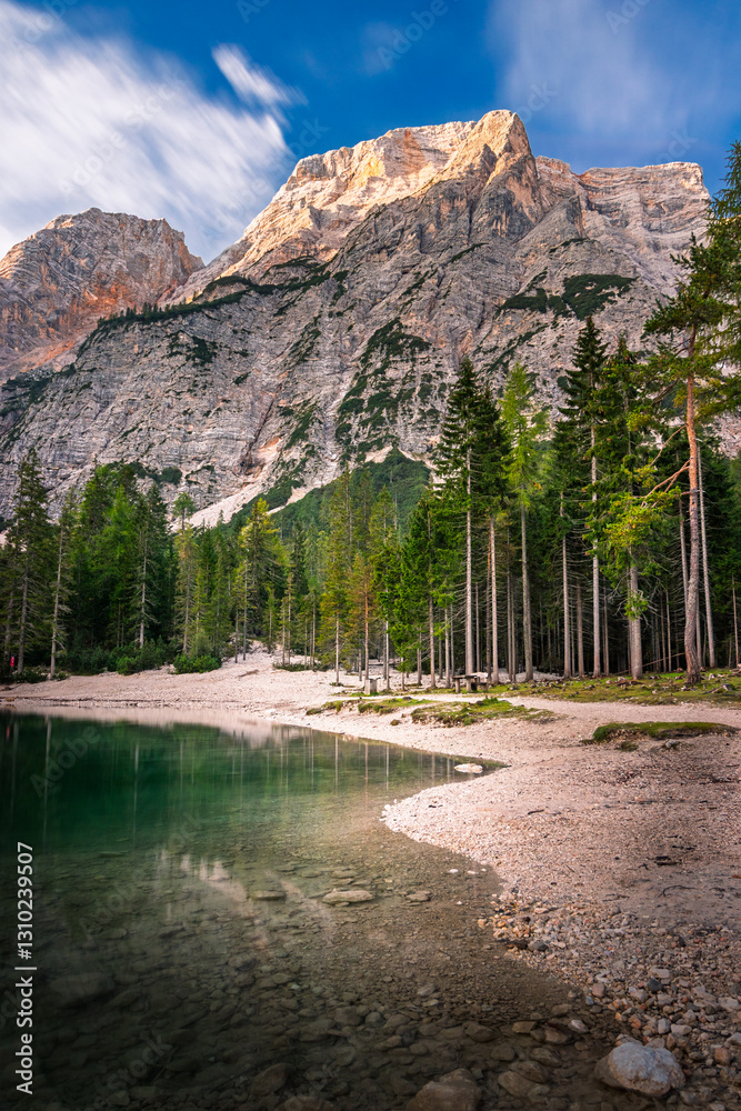 lago di braies, pragser Wildsee lake, at the morning in summer