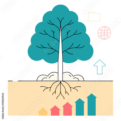 Tree icon symbolizing brand growth with upward arrows, marketing concept