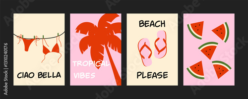 Set of minimal summer posters featuring tropical beach vibes, a bikini on a clothesline, flip-flops in the sand, palm trees, watermelon slices. 