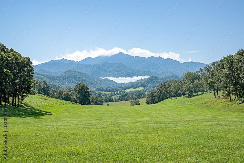 Tranquil Green Meadow and Blue Mountain Landscape Tranquil Green Meadow and Blue Mountain Landscape
