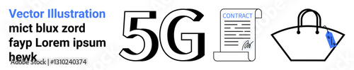 5G text beside a legal document and a handbag, showcasing connectivity, communication, and modern lifestyle. Ideal for technology, contracts, fashion, innovation, shopping communication flat