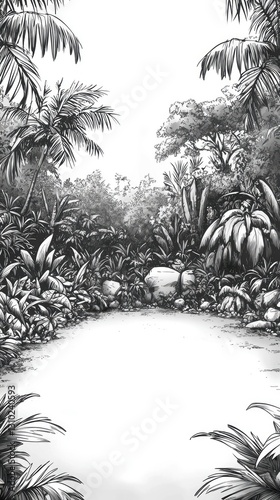 Wallpaper Mural Jungle clearing. Lush plants in a grayscale landscape. A perfect background, wallpaper, or illustration Torontodigital.ca