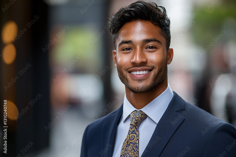 Generative AI portrait of a confident businessman in a suit with a serious expression, leadership and authority