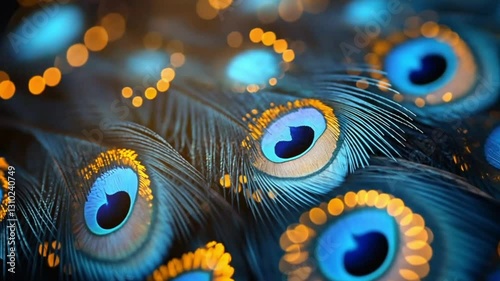 Close-up peacock feathers, vibrant blues and golds, bokeh lights, abstract design, use in digital art, background