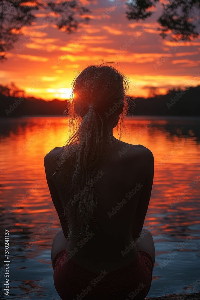Fototapeta premium Woman silhouetted against fiery sunset, lake reflection.