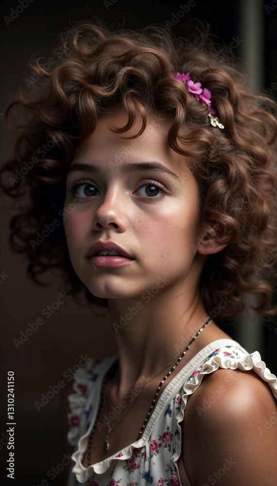 Fototapeta premium Portrait of a young girl with curly hair and floral dress
