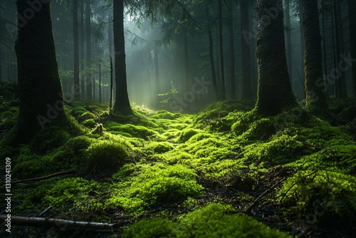Misty Forest Floor with Glowing Neon Green Moss – Enchanted Woodland, Mystical Nature, and Ethereal Beauty photo