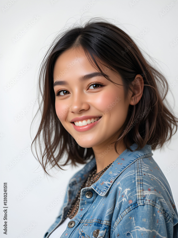 Cheerful Young Woman Smiling Confidently in Casual Attire Against White Background