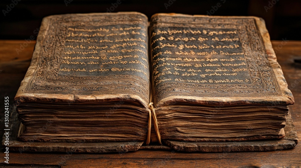 Obraz premium Ancient book, aged pages, ornate script, historical artifact