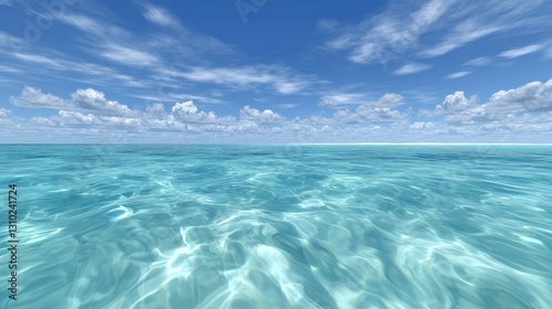 Calm ocean surface, azure sky, fluffy clouds, tropical paradise, digital illustration