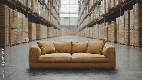 Mustard sofa in large warehouse; inventory background