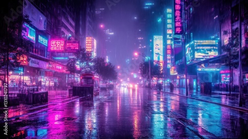 Wallpaper Mural Neon-lit city street at night in rain Torontodigital.ca