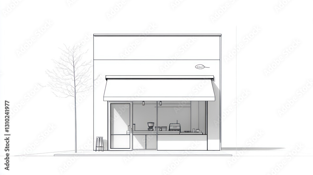 Simple cafe storefront sketch, urban setting, light and shadow, architectural drawing, for design inspiration Simple cafe storefront sketch, urban setting, light and shadow, architectural drawing, for design inspiration