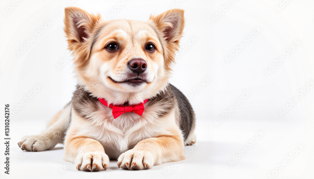 Cute dog with red bowtie lying on a clean white background, showcasing elegance and charm Cute dog with red bowtie lying on a clean white background, showcasing elegance and charm