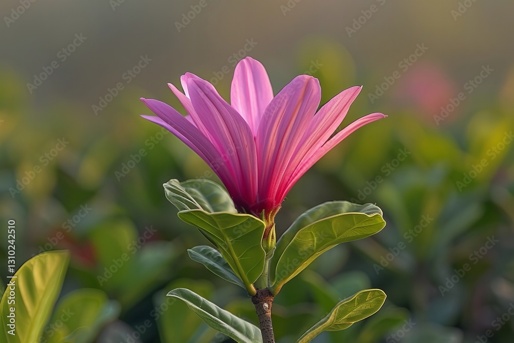 Fototapeta premium Close-Up of a Vibrant Purple Flower in Full Bloom on Lush Green Shrubs, Against a Neutral Background