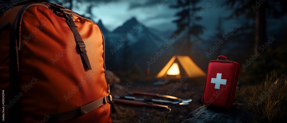 Night camping Backpack, first-aid kit, mountains Night camping Backpack, first-aid kit, mountains
